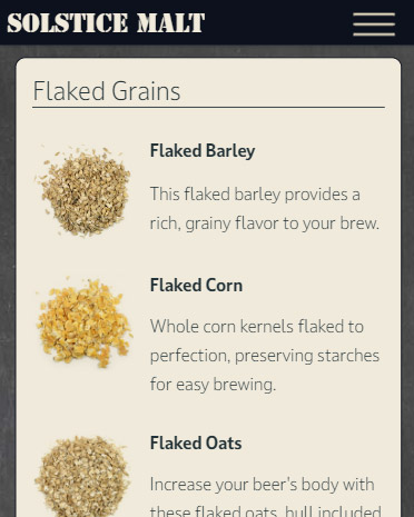 screen capture of solstice malt products page